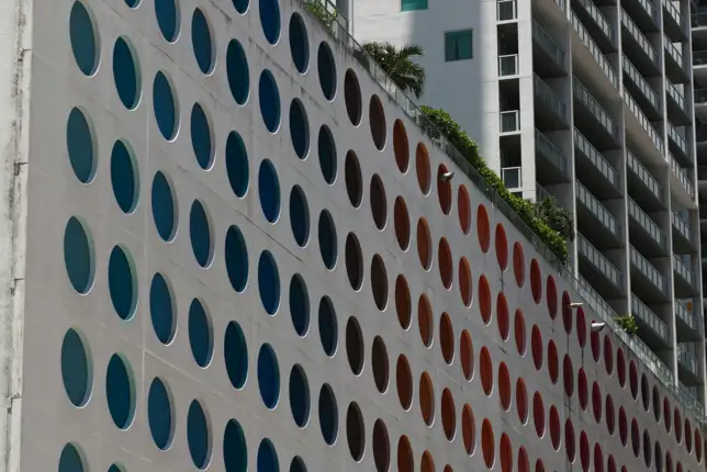 Side profile of a building with circular designs
