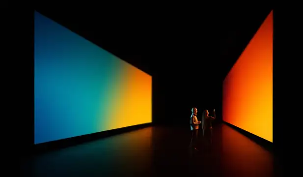Two people looking at colourful large screens
