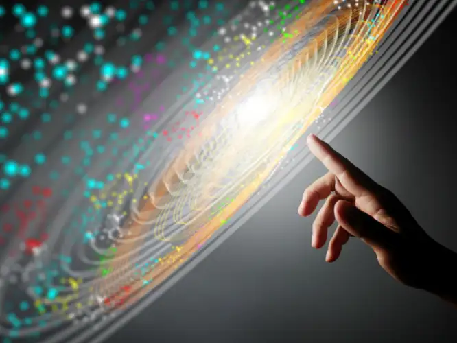 Finger of a person touching dots illustrating AI movement